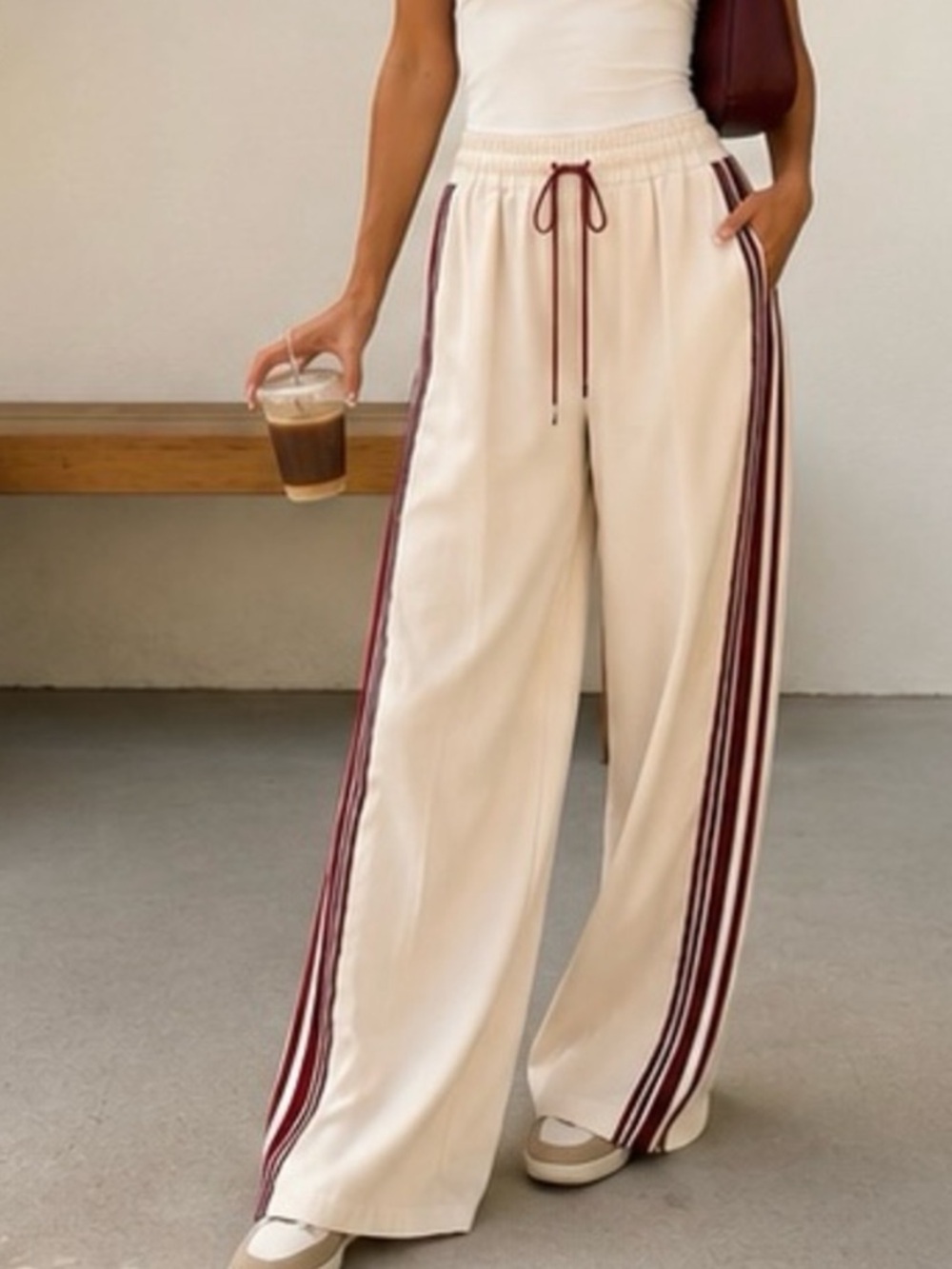 Cream Burgundy Striped Wide-Leg Pants XS NWOT